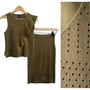Pinko Olive Green Knit Flounce Sleeveless Top Skirt Matching Set Outfit XS